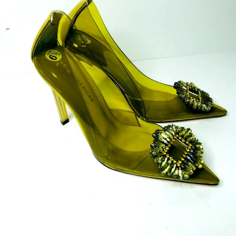 Good American clear  see through stiletto pumps heels 6.5 olive green NWOB